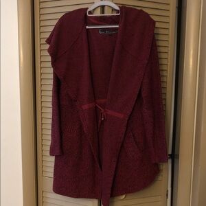 Plush Hooded Open-Front Cardigan Sweater - Burgundy